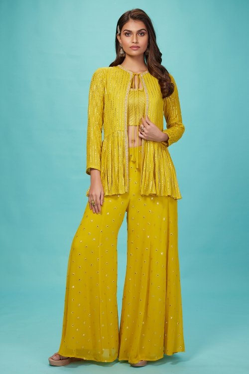Yellow Georgette Crop Top Palazzo with Jacket