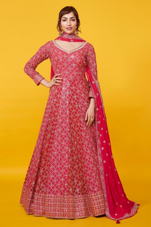Red and Punch Pink Georgette Anarkali Suit in Sequins