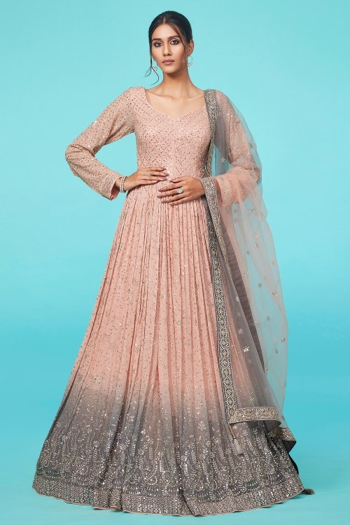 Tropical Peach and Grey Sequinned and Applique Worked Anarkali Suit in Georgette