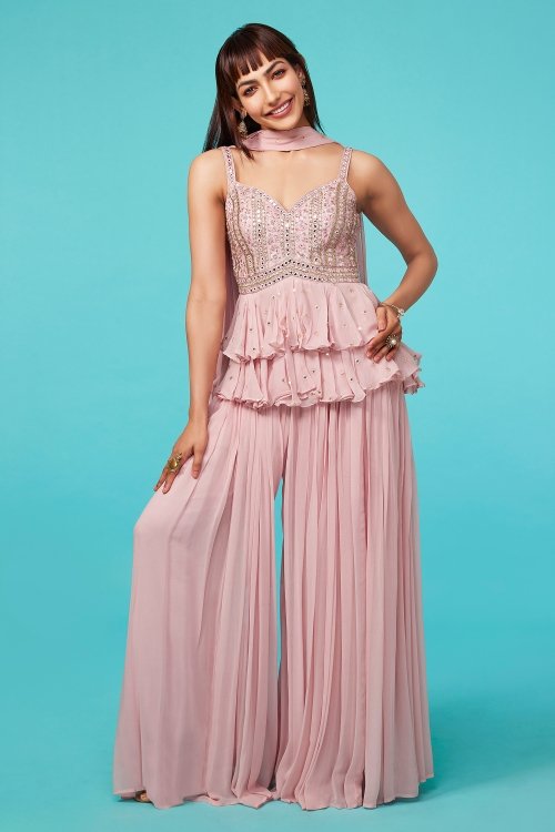 Lemonade Pink Palazzo and Layered Peplum Suit with Mirror Abhla and Floral Embroidery in Georgette