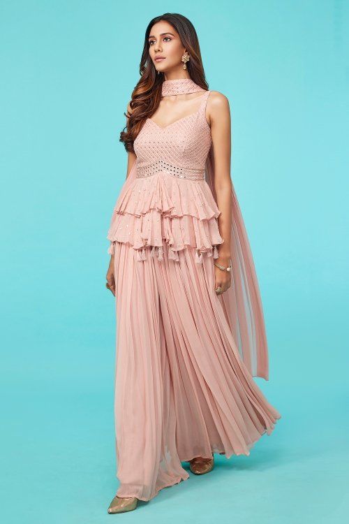 Baby Pink Colored Layered Peplum Top and Pleated Palazzo in Georgette with Mirror Abhla and Sequins Work