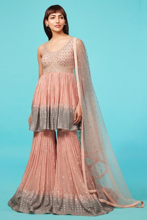 Salmon Peach and Grey Sharara and Peplum Suit in Georgette with Zardosi and Applique Embroidery Work