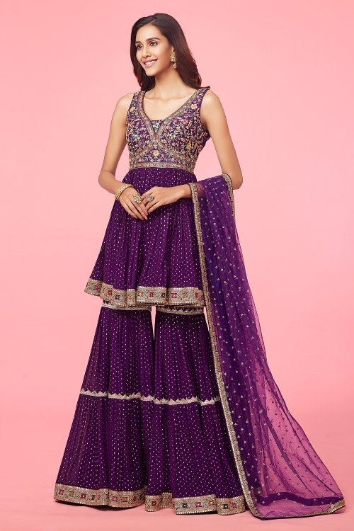 Majesty Purple Peplum Sharara Suit in Georgette with Intricate Handworked and Sequin Lace
