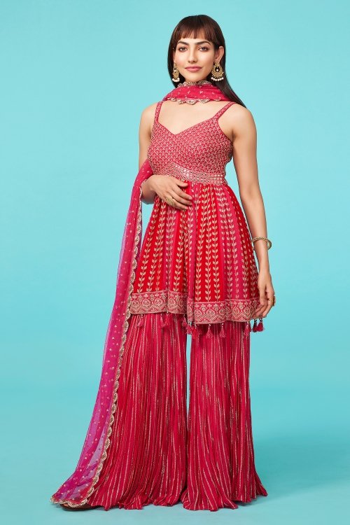 Scarlet Red and Ruby Pink Sequinned Peplum and Pleated Sharara Suit in Georgette