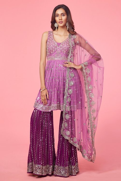 Lilac Purple Peplum and Sharara Set with Sequins Work in Georgette