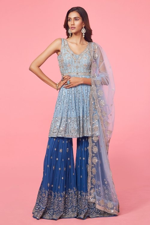 Baby Blue Colored Peplum Sharara Suit with Intricate Beads and Mirror Abhla Worked in Georgette