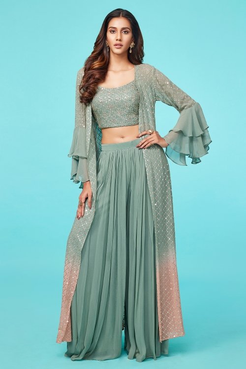 Winter Green Colored Sequinned Palazzo Crop-Top Set in Georgette with Long Bell Sleeved Jacket