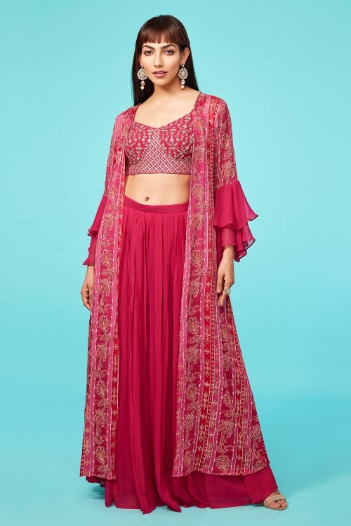 Cerise Pink Colored Georgette Palazzo and Crop-Top with Bell Sleeved Paisley Motifs Long Jacket