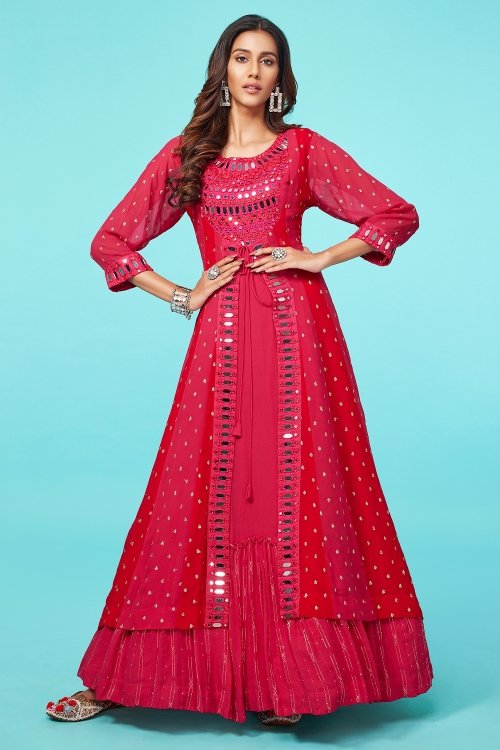 Ruby Pink Colored in Georgette Anarkali Suit with Long Jacket with Mirror Embroidery