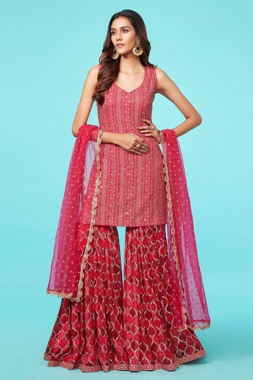 Brick Pink Georgette Sharara Suit with Sequins Embroidery and Bandhej Print