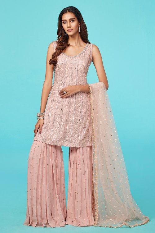 Lemonade Pink Sharara Suit in Georgette with Sequin Embroidery