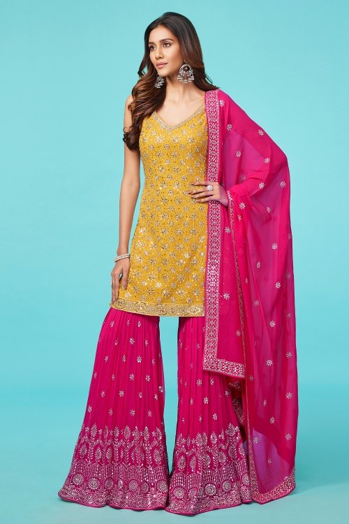 Yellow Georgette Sequinned Sharara Suit