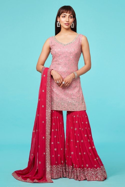 Flamingo Pink Colored Sequins Embroidery Sharara Suit in Georgette