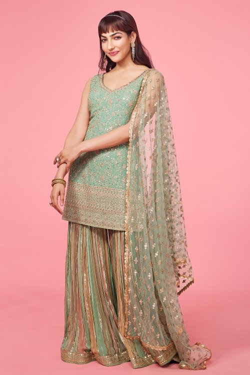 Mint Green Colored Georgette Sharara Suit with Sequins Embroidery Work