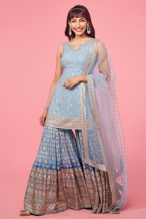 Light Blue Colored Georgette Sequins Embroidered Sharara Suit