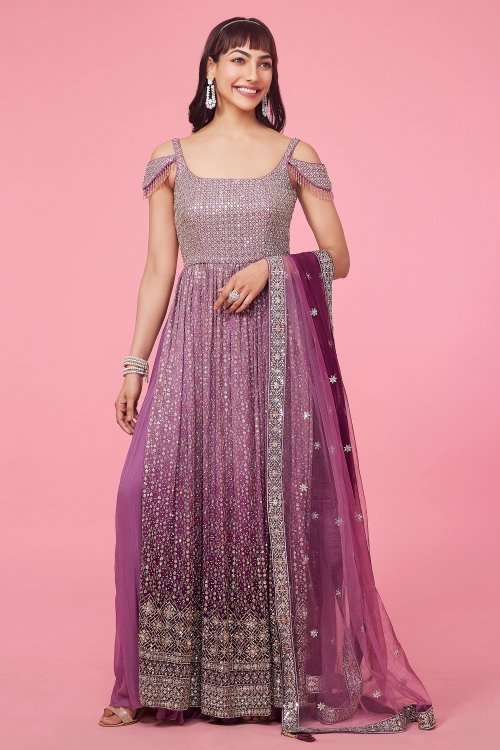 Striking Purple Ombre Straight Cut Palazzo Suit in Georgette with Sequin Embroidery
