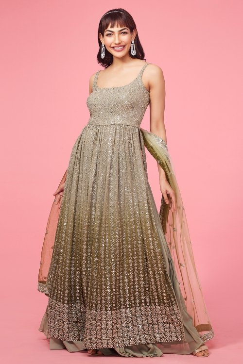 Sage Green Ombre Straight Cut Palazzo Suit in Georgette with Sequin