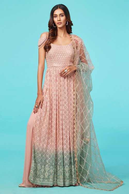 Apricot Peach and Persian Green Straight Cut Palazzo Suit in Georgette with Sequin Embroidery