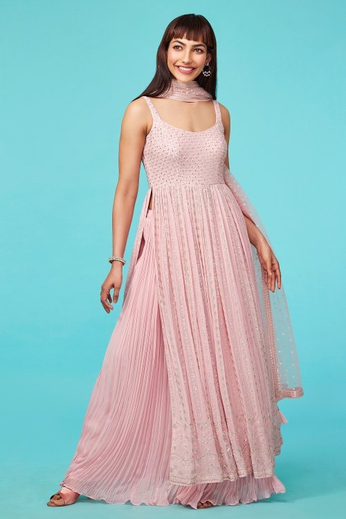 Lemonade Pink Colored Sequin and Applique Worked Straight Cut Palazzo Suit in Georgette