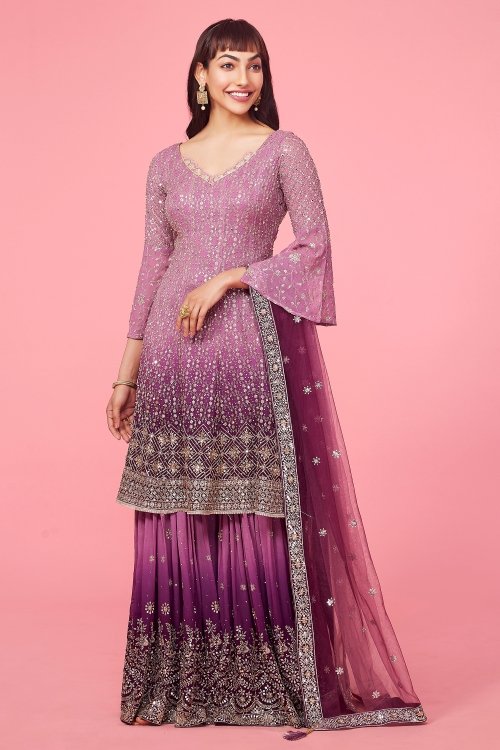 Striking Purple Ombre Peplum Sharara Suit in Georgette with Sequin Embroidery