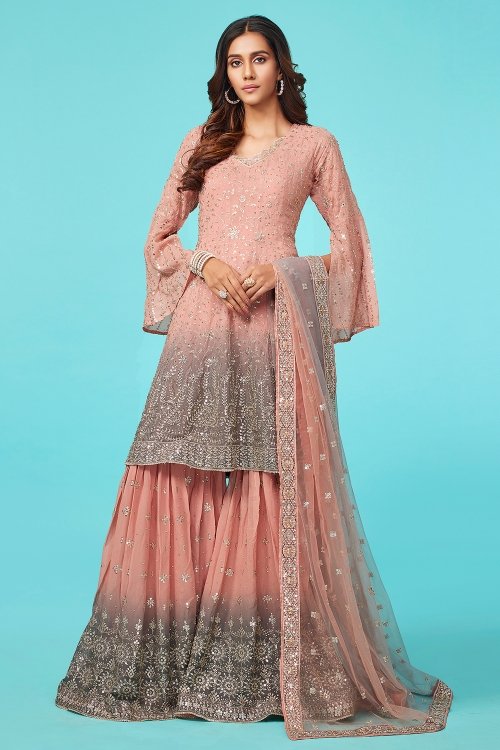 Tropical Peach and Grey Peplum Sharara Set with Sequin in Georgette