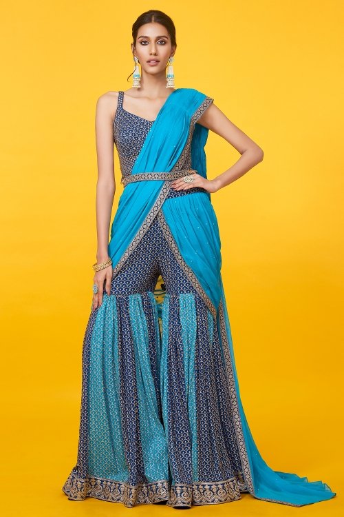 Blue Sequinned Crop-Top Sharara Set with Attached Dupatta in Georgette
