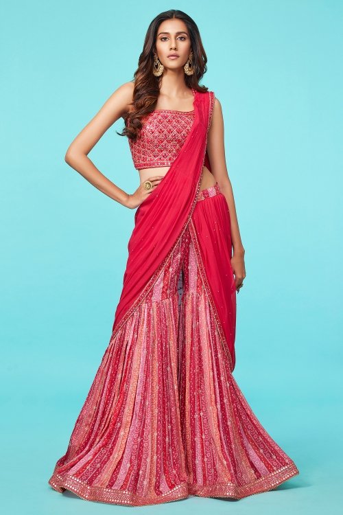 Brick Pink Crop-Top Sharara Set with Attached Dupatta in Raw Silk with Mirror Abhla and Bandhej Print