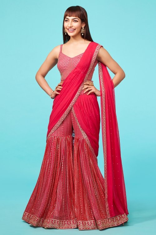 French Rose Pink Raw Silk Sequinned Crop-Top Sharara Set with Attached Dupatta
