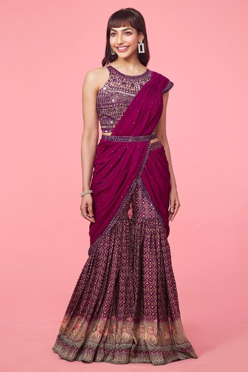 Beige and Grape Purple Raw Silk Mirror Abhla Worked Crop-Top and Human Motifs Sharara with Attached Dupatta