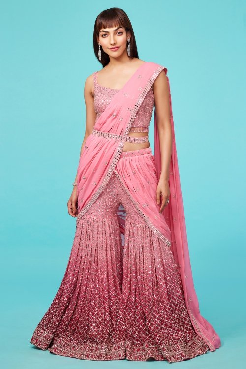 Candy Pink Colored Sequinned Crop-Top Sharara Set with Attached Dupatta in Georgette