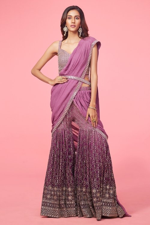 Striking Purple Georgette Crop Top Sharara with Attached Dupatta in Sequin Embroidery