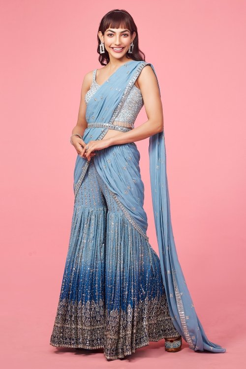 Light Blue Georgette Sequinned Crop-Top Sharara Set with Attached Dupatta