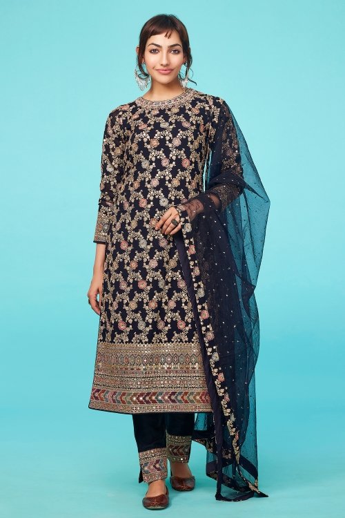 Midnight Blue Straight Cut Suit with Beads Work On The Neck and Floral Jaal and Sequins Work in Georgette