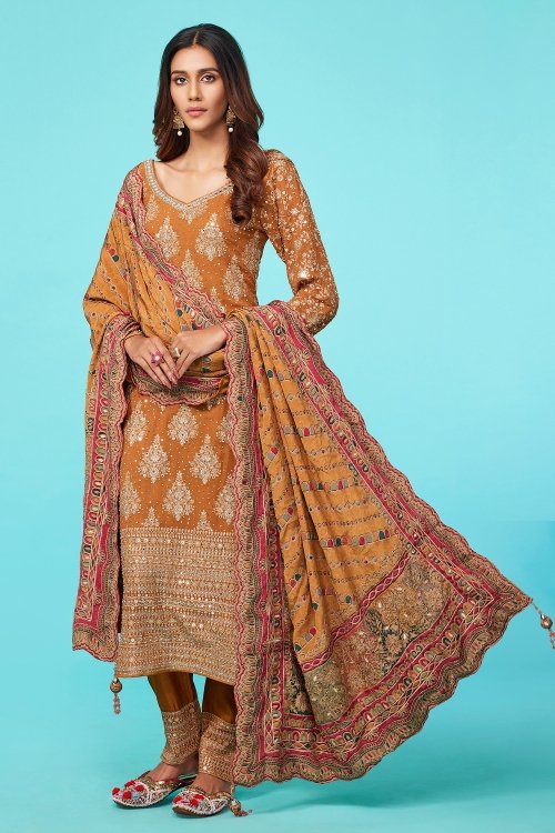 Sandstone Orange Georgette Straight Cut Suit with Sequin Embroidery and Mirror Work