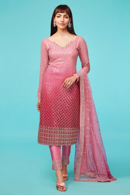 Pink Ombre Georgette Sequinned Straight Cut Suit
