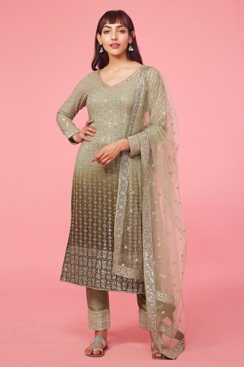 Olive Green Ombre Straight Cut Suit with Sequins Work in Georgette