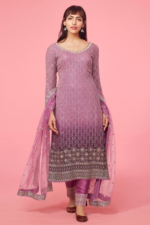 Striking Purple Ombre Straight Cut Suit in Georgette with Sequin Embroidery