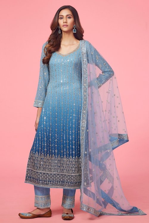 Blue Ombre Straight Cut Suit with Sequins in Georgette