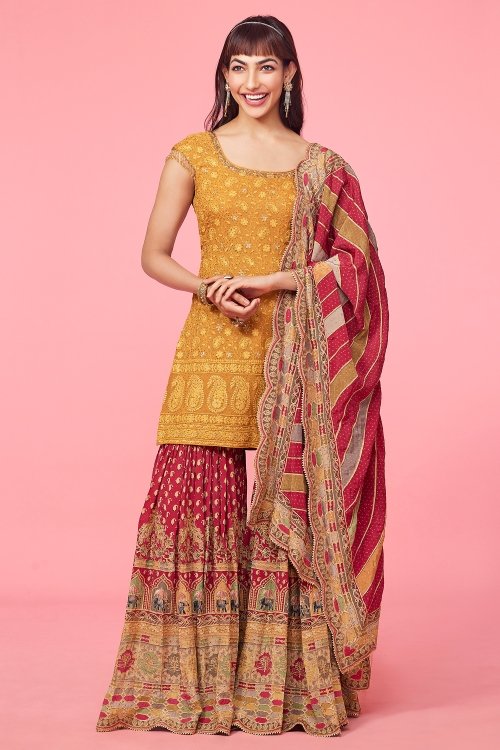 Golden Yellow Georgette Sharara Suit with Lucknowi Work