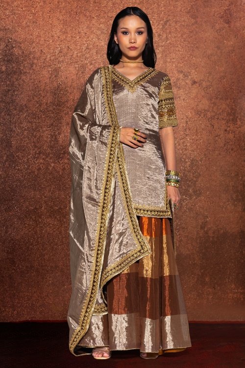 Silver Palazzo Suit in Handloom Tissue with Marodi and Embroidery