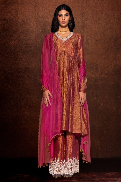 Rose Gold Thread Embroidered Palazzo Suit in Crush Tissue 