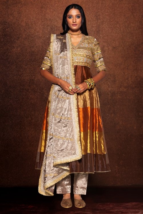 Multi Colored V Neckline Anarkali Suit in Tissue with Heavy Work Bodice