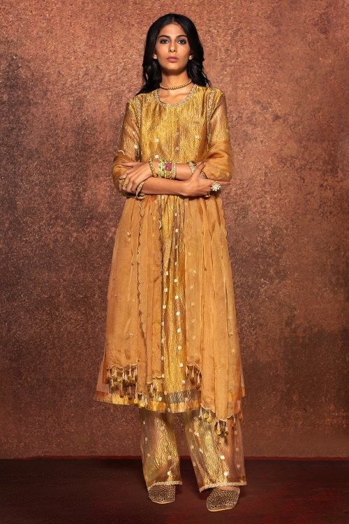 Copper Gold Anarkali Palazzo Suit in Crush Tissue with Embellishment Metal Tikki Work Dupatta