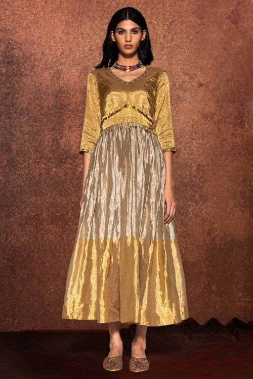 Silver and Golden Anarkali Suit in Tissue with Embellishment Metal Tikki Work
