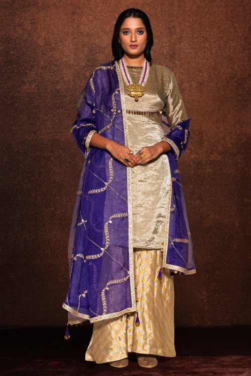 Silver Straight Cut Palazzo Suit in Tissue with Metal Tikki Work