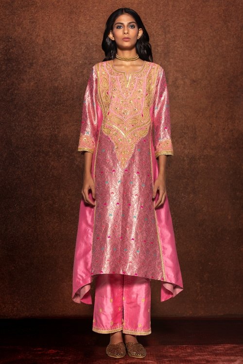 Pink Weave Suit in Brocade with Marodi Work