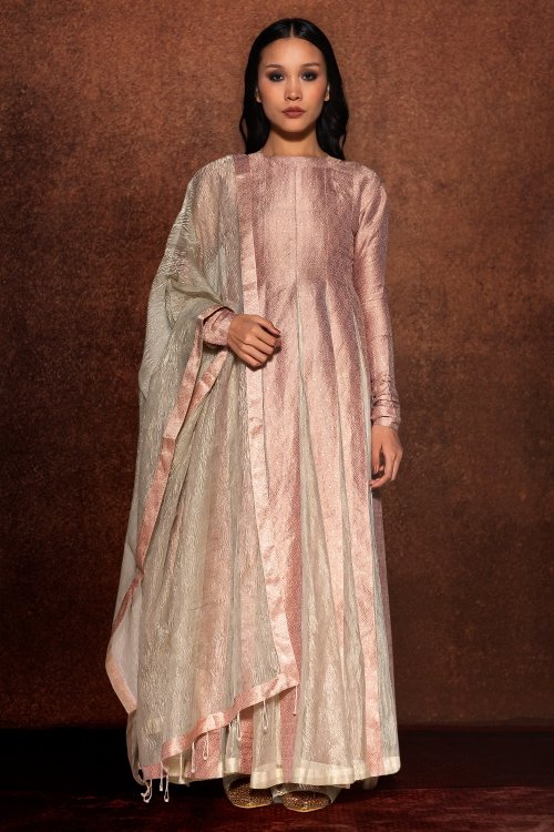 Onion Pink Anarkali Suit in Brocade with Weaving
