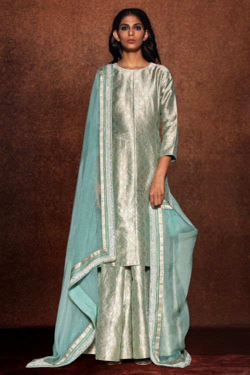 Powder Blue Straight Cut Weave Palazzo Suit in Brocade