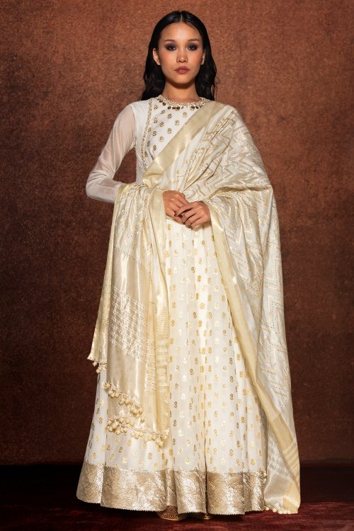 Off White Anarkali Suit in Chanderi with Beads Work