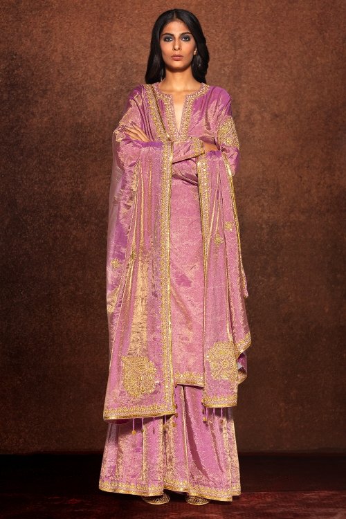 Lilac Purple Palazzo Suit in Tissue with Aari Work